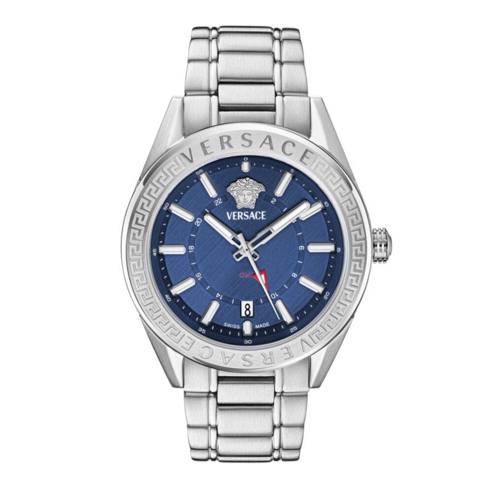 Versace V-Code GMT Bracelet Watch Silver Mens